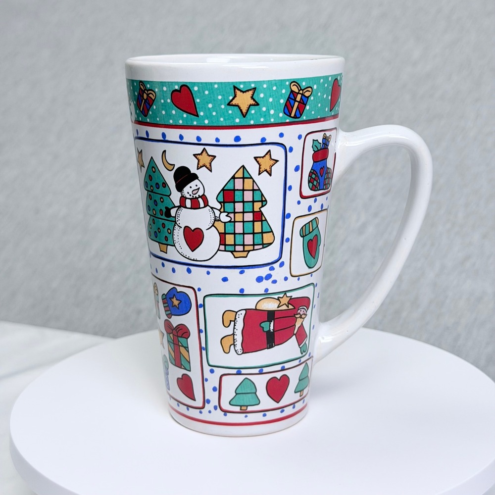 Four Star Stoneware Christmas Latte Mug Snowman Santa Folk Art Tall Coffee Cup
